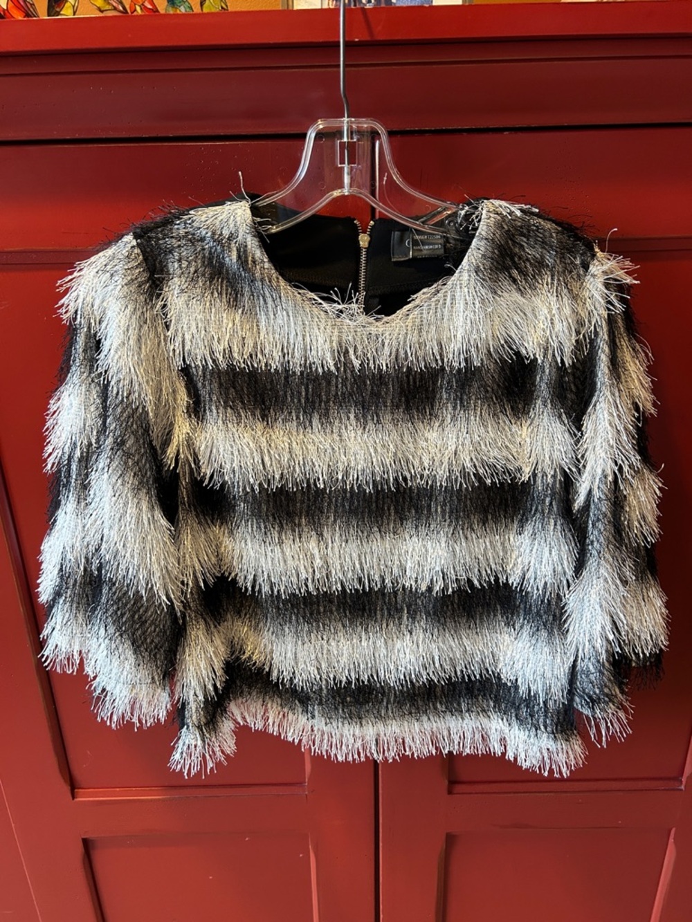Gracia Black & Silver Textured Fringe Top - Size Medium